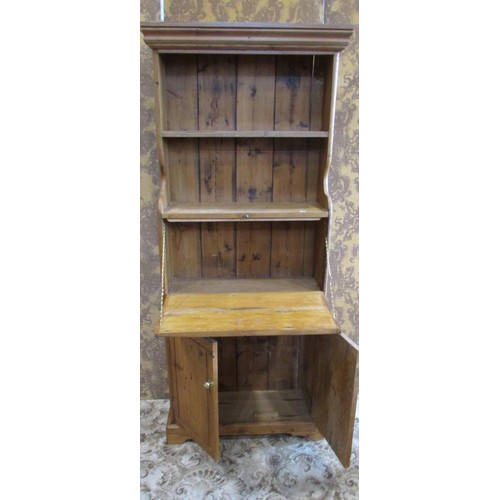 1223 - A pine kitchen narrow cabinet with shelving over a drop down cabinet over a pair of panelled doors, ... 