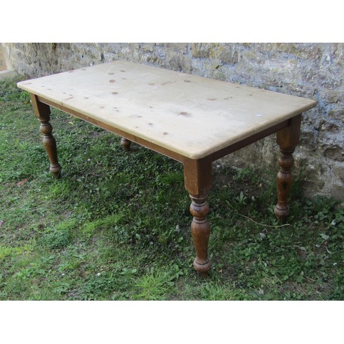 1224 - An old style kitchen farm house table on four turned screw on supports, 180cm x 90cm