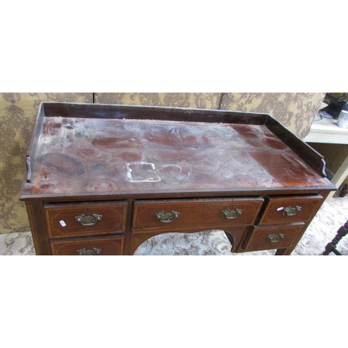 1267 - An inlaid Edwardian mahogany side or writing table of five frieze drawers on square tapered legs wit... 