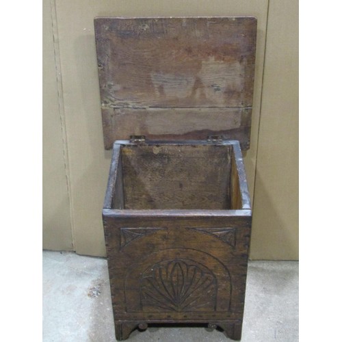 1272 - An old English oak square cut coffer with simple carved detail, 40cm wide