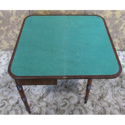 1279 - A 19th century mahogany D end foldover top card table on turned supports