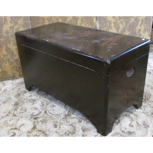 1291 - A mid 20th century shallow carved and lacquered Chinese camphor wood coffer, with incised brass lock... 