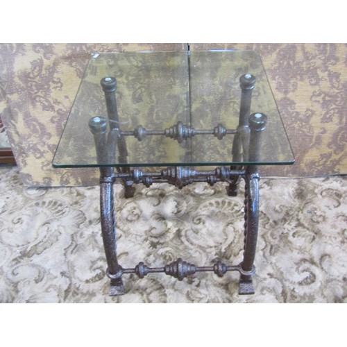 1293 - A pair of decorative contemporary metalwork occasional tables with flecked painted finish and bevell... 