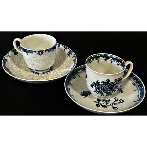 121 - An 18th century Worcester chrysanthemum cup and saucer, each piece with trailing floral embossed det... 