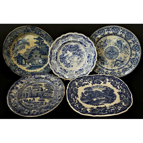 128 - A collection of 19th century blue and white transfer ware plates, a Victorian barge ware teapot, gla... 