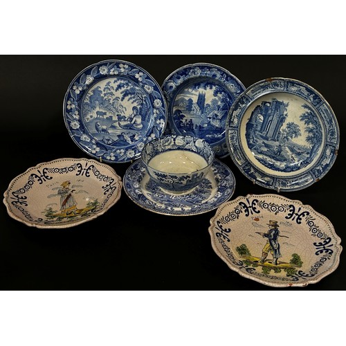 128 - A collection of 19th century blue and white transfer ware plates, a Victorian barge ware teapot, gla... 