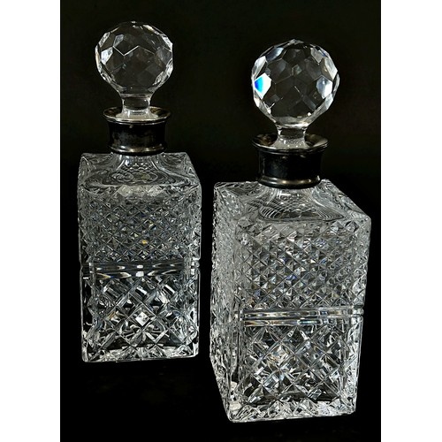 193 - A pair of square cut-glass decanters with silver collars, dated 1985, Birmingham CJ Vander Ltd