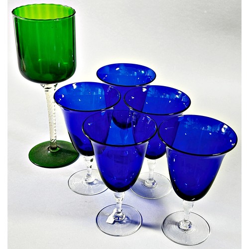 204 - A good selection of  pairs of decanters, an oversized green glass brandy goblet, a Venetian glass be... 