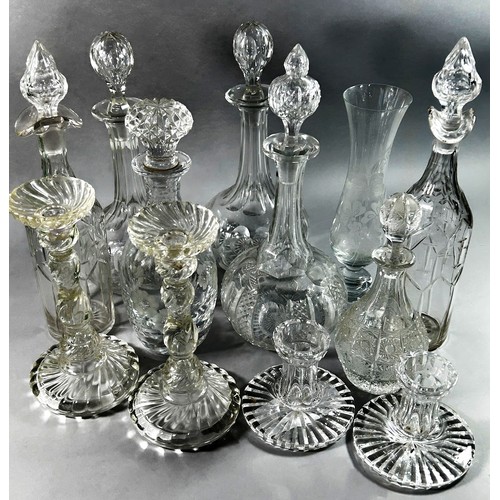 204 - A good selection of  pairs of decanters, an oversized green glass brandy goblet, a Venetian glass be... 