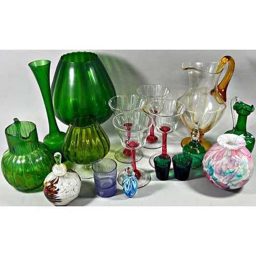 204 - A good selection of  pairs of decanters, an oversized green glass brandy goblet, a Venetian glass be... 