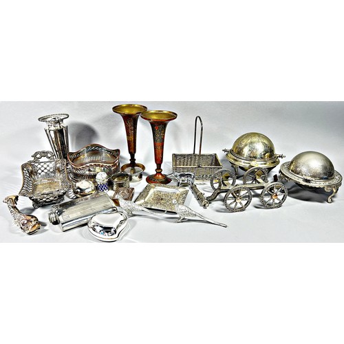 212 - A miscellaneous collection of silver plated items including dishes, bowls, condiments, hip flask, va... 