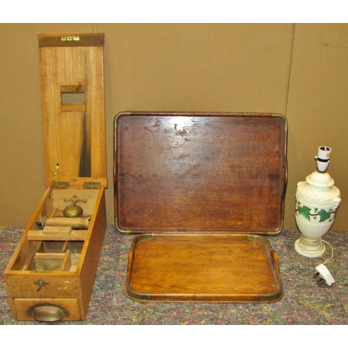 1168 - Two graduated brass capped oak drinks trays together with a timber shop till and a Wedgwood porcelai... 