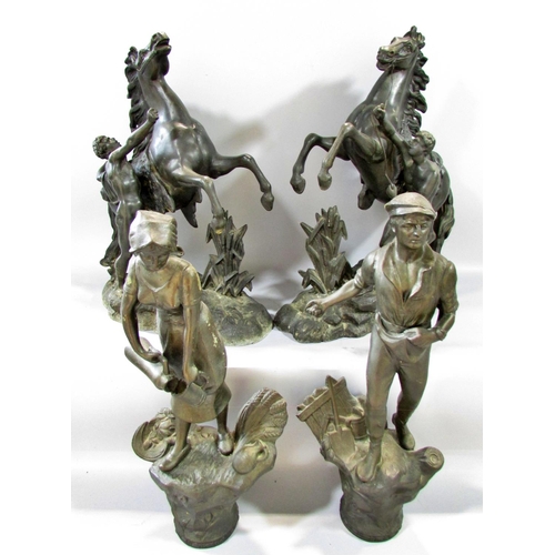 506 - A Pair of spelter Marley Horsemen and a pair of Spelter agricultural figures of a farmer sowing seed... 