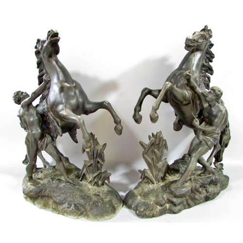 506 - A Pair of spelter Marley Horsemen and a pair of Spelter agricultural figures of a farmer sowing seed... 