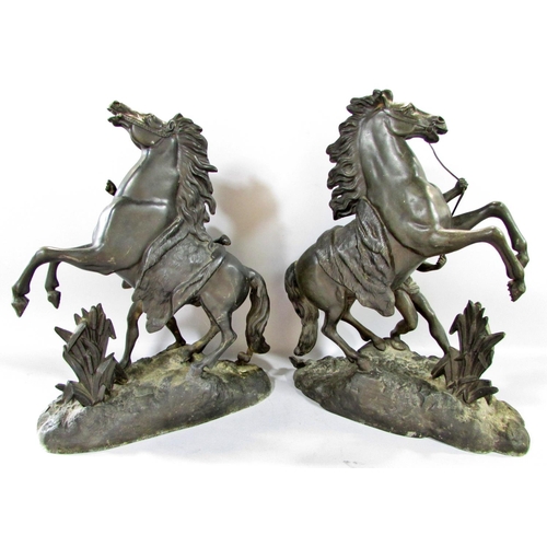 506 - A Pair of spelter Marley Horsemen and a pair of Spelter agricultural figures of a farmer sowing seed... 