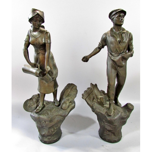 506 - A Pair of spelter Marley Horsemen and a pair of Spelter agricultural figures of a farmer sowing seed... 