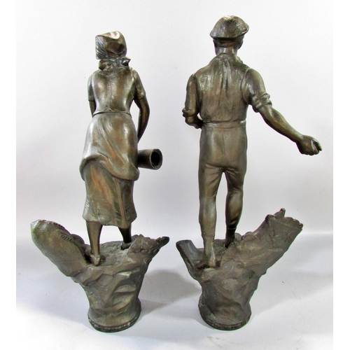 506 - A Pair of spelter Marley Horsemen and a pair of Spelter agricultural figures of a farmer sowing seed... 