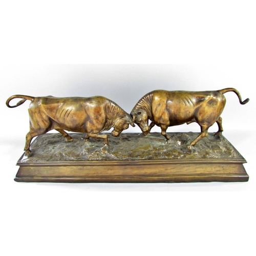 508 - A bronze study of two bulls fighting 51cm wide at plinth base.