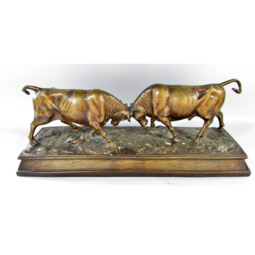 508 - A bronze study of two bulls fighting 51cm wide at plinth base.