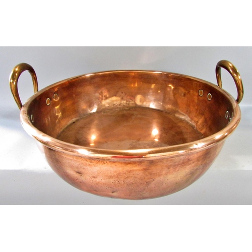 518 - Large 19th century copper preserving pan with copper handles, bears no maker’s marks, 43.5cm diamete... 