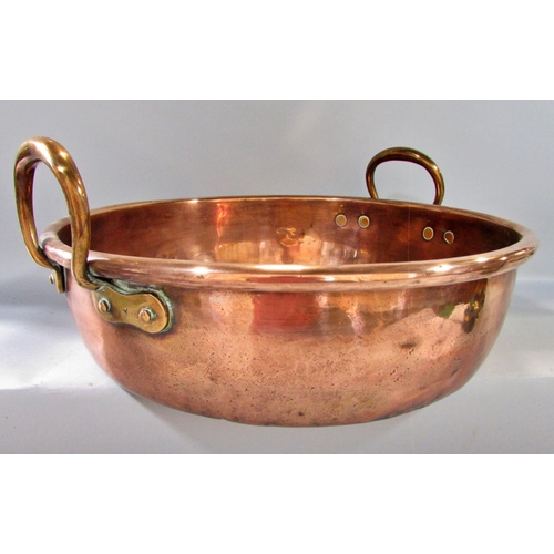 518 - Large 19th century copper preserving pan with copper handles, bears no maker’s marks, 43.5cm diamete... 