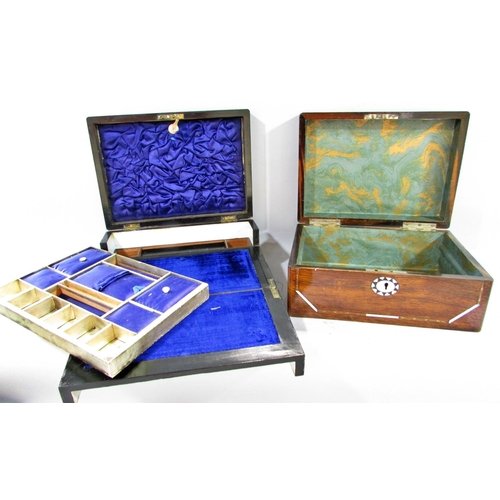 527 - A Victorian rosewood writing box with Mother of Pearl decoration, empty interior, and 19th century c... 