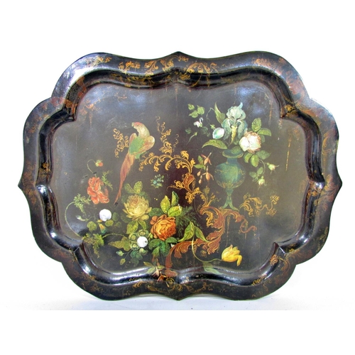 529 - Three 19th century graduated papier-mâché trays  with hand painted parrots amongst flowers decoratio... 