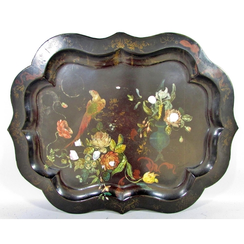 529 - Three 19th century graduated papier-mâché trays  with hand painted parrots amongst flowers decoratio... 