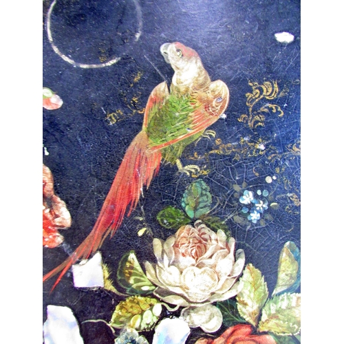 529 - Three 19th century graduated papier-mâché trays  with hand painted parrots amongst flowers decoratio... 