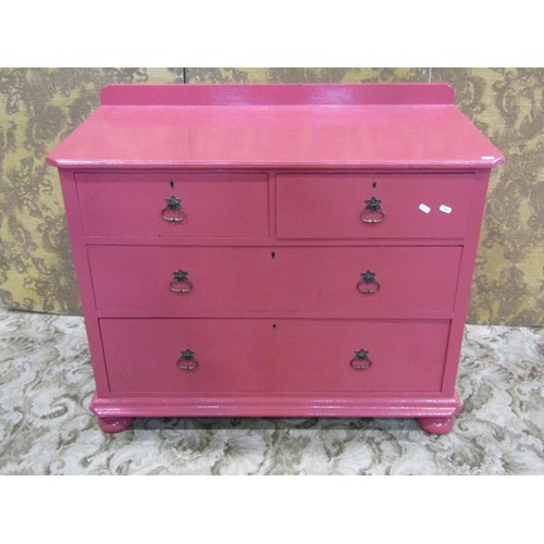 1312 - A late 19th century oak chest of two short and two long drawers with later vibrant pink painted fini... 