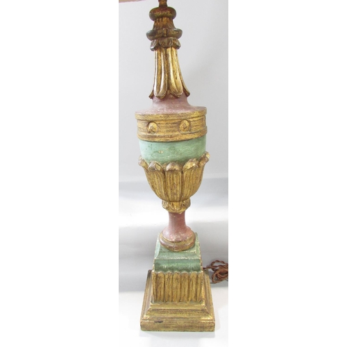 448 - A carved wood table lamp of an urn on a plinth win a painted finish with gold highlights, with a sha... 