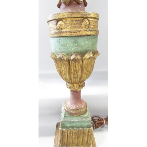 448 - A carved wood table lamp of an urn on a plinth win a painted finish with gold highlights, with a sha... 