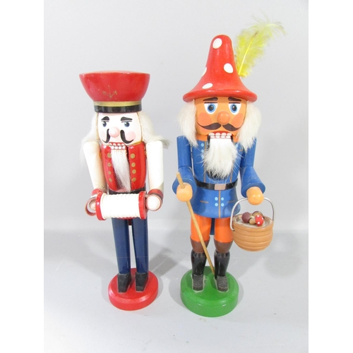 460 - Six Erzgebirgische Volkskunst wooden painted novelty nutcrackers of various character, a soldier, a ... 