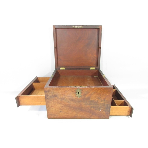 465 - A 19th century mahogany jewellery box with a hinged top and two side drawers held with brass pins 29... 