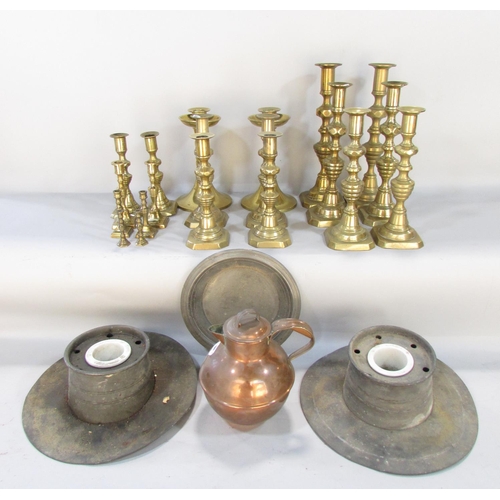 476 - Collection of Victorian brass candlesticks and two pewter inkwells and Jersey copper milk pail