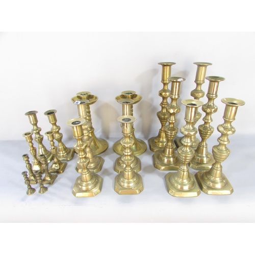 476 - Collection of Victorian brass candlesticks and two pewter inkwells and Jersey copper milk pail