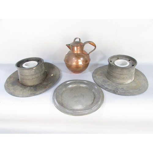 476 - Collection of Victorian brass candlesticks and two pewter inkwells and Jersey copper milk pail