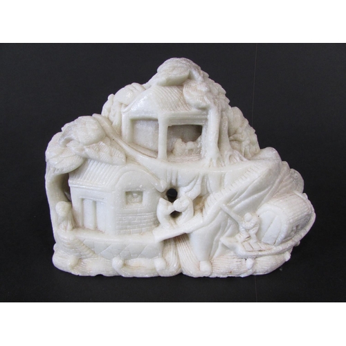 478 - Two Chinese soapstone carvings, on a pinkish colour of people and buildings on a hillside, the other... 