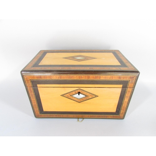 492 - A Victorian satinwood and rosewood inlaid tea caddy with mother of pearl detail and two compartments... 