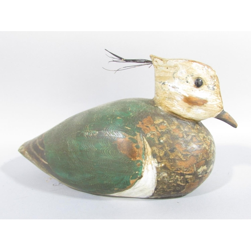 497 - A vintage hand painted wooden decoy Green Plover or Northern Lapwing, 21cm long