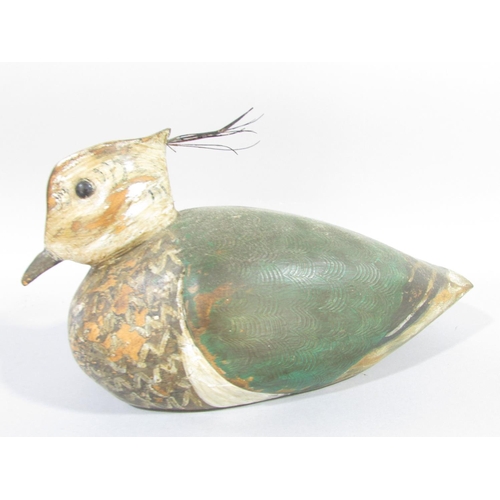 497 - A vintage hand painted wooden decoy Green Plover or Northern Lapwing, 21cm long