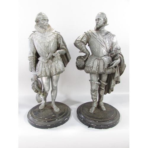 505 - Two spelter Elizabethan Gentlemen, possibly, of Sir Francis Drake and Sir Walter Raleigh both on a c... 