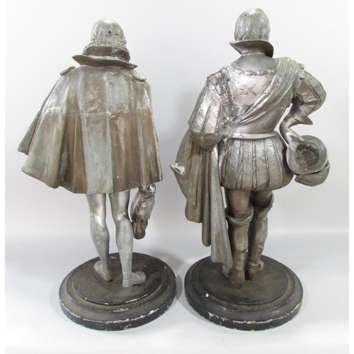 505 - Two spelter Elizabethan Gentlemen, possibly, of Sir Francis Drake and Sir Walter Raleigh both on a c... 