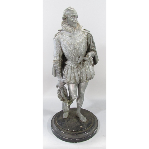 505 - Two spelter Elizabethan Gentlemen, possibly, of Sir Francis Drake and Sir Walter Raleigh both on a c... 