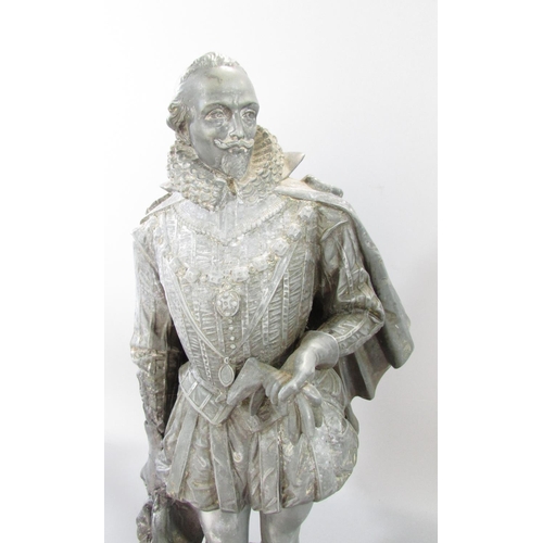 505 - Two spelter Elizabethan Gentlemen, possibly, of Sir Francis Drake and Sir Walter Raleigh both on a c... 