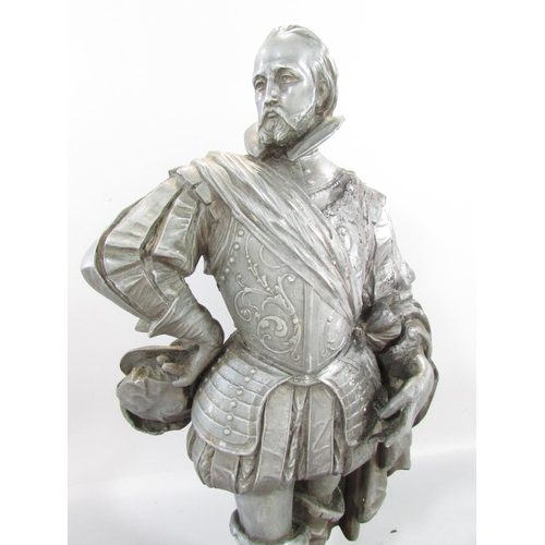 505 - Two spelter Elizabethan Gentlemen, possibly, of Sir Francis Drake and Sir Walter Raleigh both on a c... 