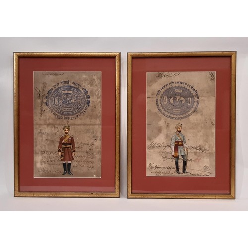 1740 - A group of thirteen framed prints and artworks, to include: A pair of Indian paintings of soldiers, ... 