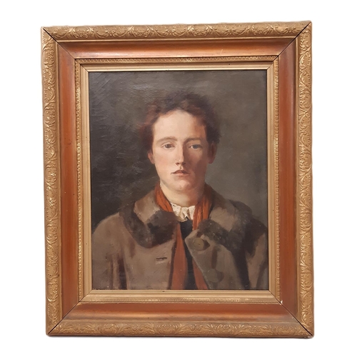 1604 - Late 19th Century School - Portrait of a teenager, quarter-length, wearing an overcoat and red scarf... 