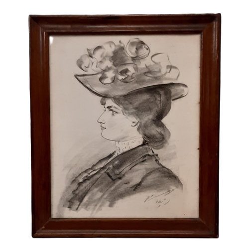 1610 - A charcoal portrait of a lady in profile wearing a hat, quarter-length, c.1900s, charcoal on paper, ... 