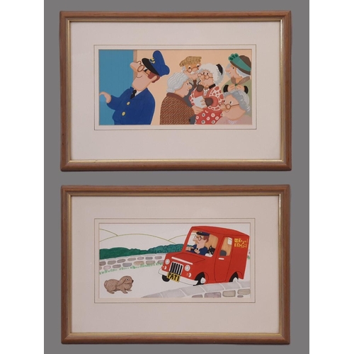 1616 - Joan Hickson (b.1929) - Two original illustrations of postman pat titled: 'Postman Pat and the Villa... 